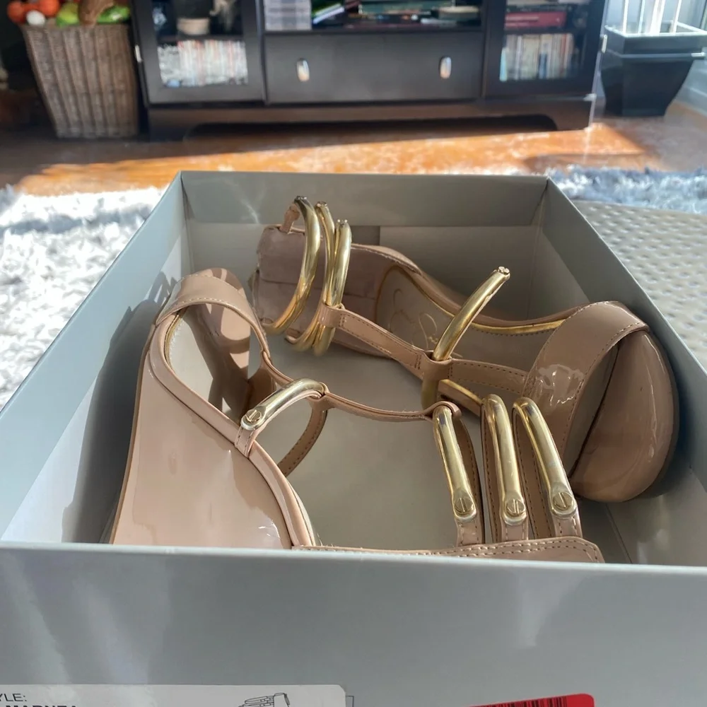 Jessica Simpson Nude Patent Wedge Sandals with Gold Accent Straps